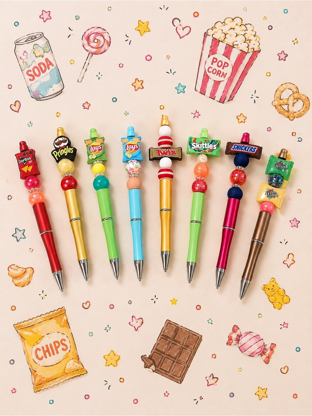 Set of 8 Candy & Snack Topped Ballpoint Pen Set - Colorful handmade